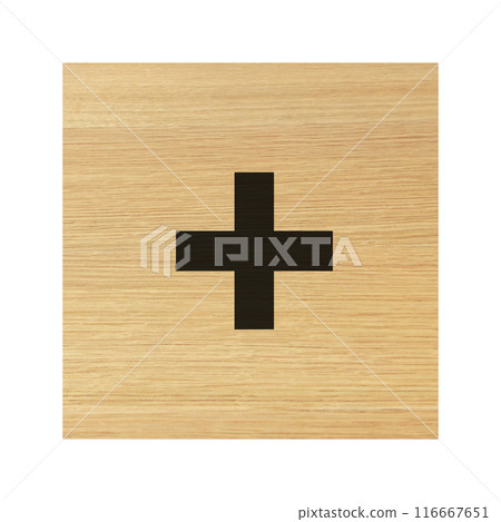 Plus sign wood block on white with clipping path Plus sign wood block on white with clipping path 116667651
