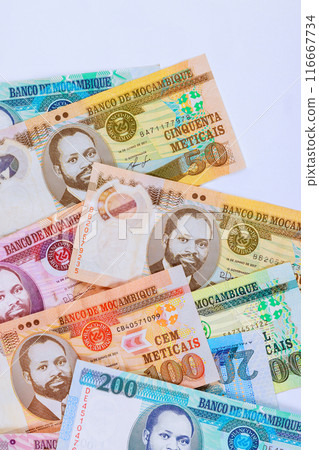 Banknotes with different denominations of Mozambican metical money Mozambican money issued by Banco de Mozambique 116667734