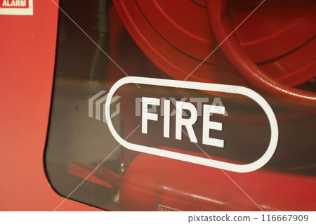 Safety symbol for fire equipment with keywords safety, precaution, response, protection, hazard Safety symbol for fire equipment with keywords safety, precaution, response, protection, hazard 116667909