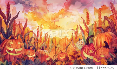 A watercolor painting of jack-o-lantern pumpkins in a field at sunset A watercolor painting of jack-o-lantern pumpkins in a field at sunset 116668029