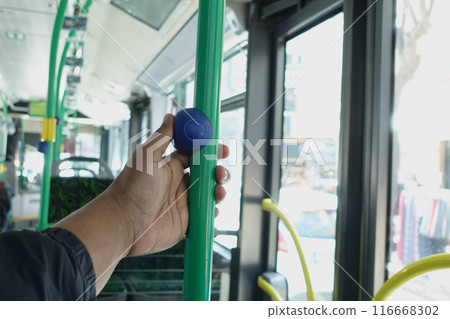 Closeup of Bus bell switch for stop inside the public bus 116668302