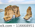 Pigeon Rocks in Raouche is the main attraction in the city of Beirut, the capital of Lebanon. 116668951