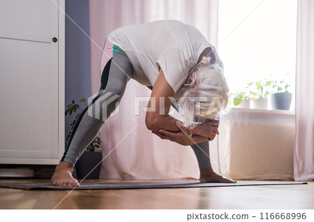 Elderly woman doing pilates on mat at home Elderly woman doing pilates on mat at home 116668996