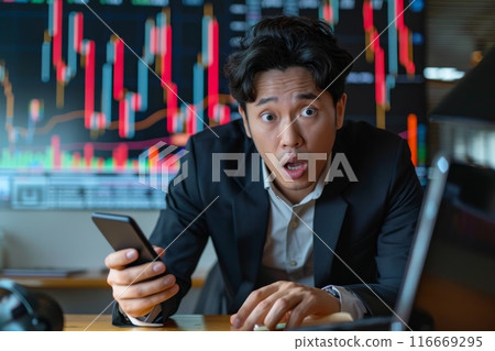 A man is looking at his phone with a shocked expression on his face 116669295