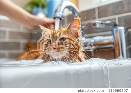 A cat is in a sink full of water, enjoying a bath 116669297