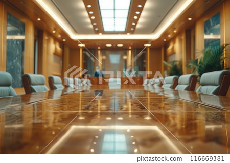 A large conference room with a long table and many chairs 116669381