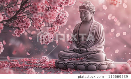 A statue of a Buddha is sitting on a tree branch with pink flowers 116669389