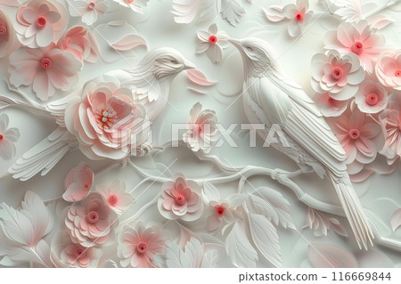 A white and pink floral background with two birds and a heart 116669844