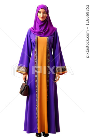 Sophisticated mannequin, Burgundy abaya, embroidered sleeves, hijab. 116669852