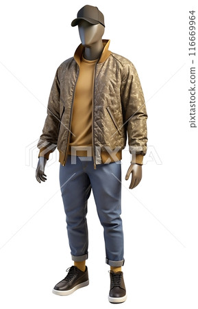 Graphic tee, bomber jacket, distressed jeans, and beanie on mannequin 116669964