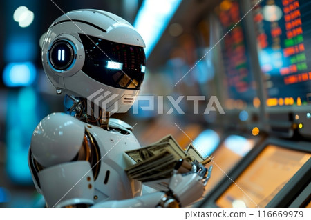 A robot is holding a money and stock chart on background A robot is holding a money and stock chart on background 116669979