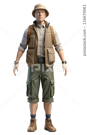 Mannequin in utility vest, cargo shorts, trail sneakers, cap, watch 116670061