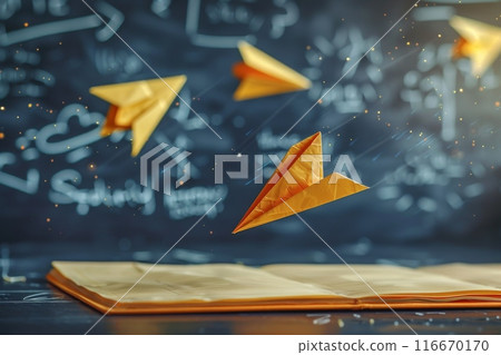 The airplanes are yellow and appear to be in motion 116670170