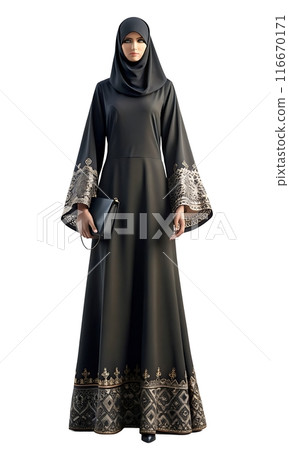 Sophisticated look, Black abaya, embroidery, hijab, and clutch on mannequin 116670171