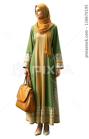 Mannequin wearing pristine abaya, lace sleeves, and chic tote bag 116670195