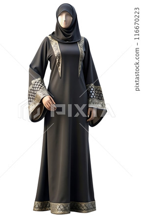 Full-body mannequin in black abaya, hijab, and elegant flats 116670223
