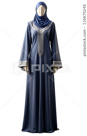 Full-body mannequin in navy abaya, hijab, and elegant flats Full-body mannequin in navy abaya, hijab, and elegant flats 116670248