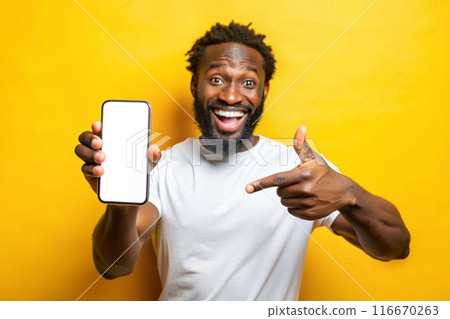 Guy in casual outfit showing phone for app design, generative ai 116670263