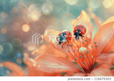 Two ladybugs are on a flower 116670303