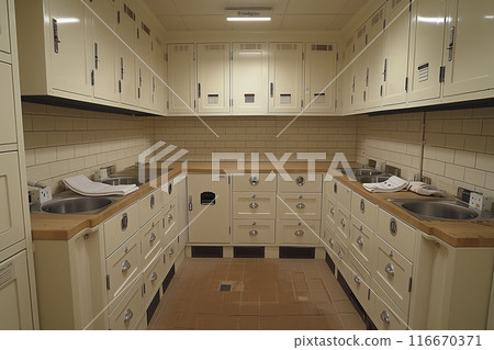 White cabinets and a nut-colored working surface fill the kitchen White cabinets and a nut-colored working surface fill the kitchen 116670371