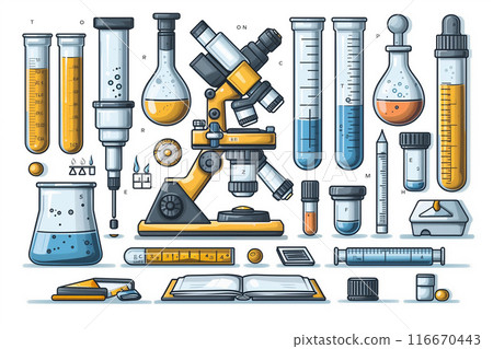 A neatly organized science kit in flat design featuring a microscope, test tubes, flasks, and more 116670443