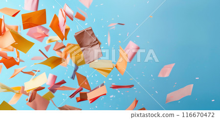 Colorful paper notes floating in mid-air, against a light blue background. Generative AI 116670472