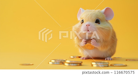 A small hamster sits on top of a pile of gold coins. Generative AI A small hamster sits on top of a pile of gold coins. Generative AI 116670575