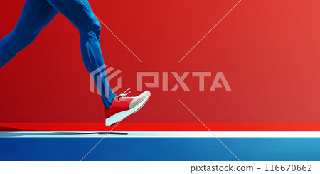 Runner in blue leggings steps on white line against red & blue background. Generative AI 116670662