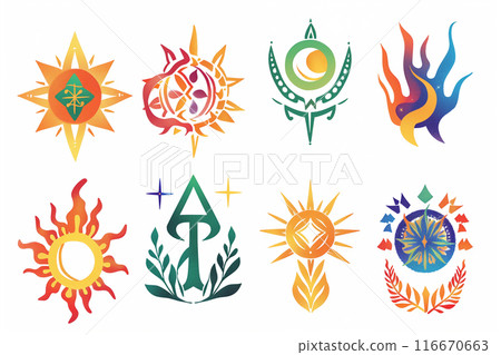 Various colored symbols grouped together on a plain white surface 116670663