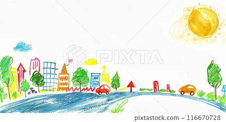A child's drawing of a city with cars, trees, and a bright sun. Generative AI 116670728