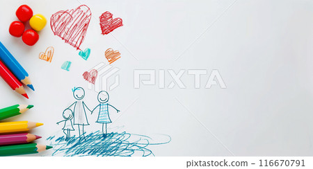 Child's family drawing with hearts above, colored pencils to side. Generative AI Child's family drawing with hearts above, colored pencils to side. Generative AI 116670791