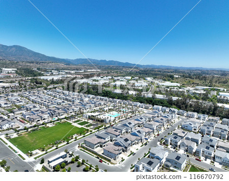 Aerial view of identical condominium houses in Lake Forest, California Aerial view of identical condominium houses in Lake Forest, California 116670792
