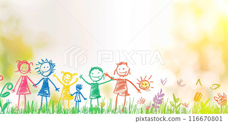 A child's drawing of children smiling and holding hands in a grassy field. Generative AI 116670801
