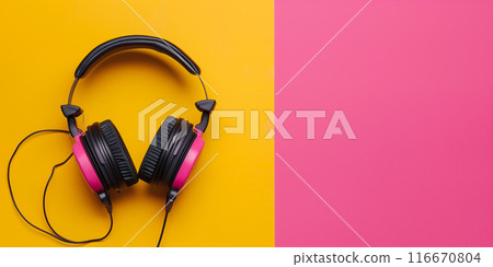 Headphones on a yellow and pink background. Generative AI 116670804