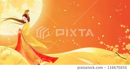 Moon Goddess Chang'e standing in front of moon. Generative AI Moon Goddess Chang'e standing in front of moon. Generative AI 116670850