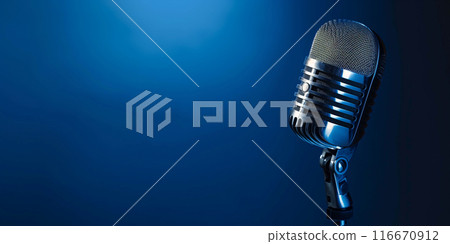 A vintage microphone suspended in the air against a blue background. Generative AI 116670912