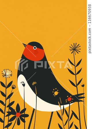 A black bird with red chest sings in a field of yellow flowers. Generative AI 116670938