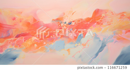 Abstract pastel vibrant colors gouache paint flow, swirl and splatter texture pattern background. Dynamic composition of shapes, modern art painting wallpaper backdrop 116671259