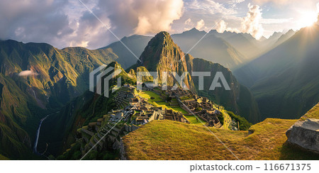 Historic Sanctuary of Machu Picchu on a mountain ridge, Eastern Cordillera of southern Peru. Incan citadel in the Andes Mountains, ancient civilization, sunset panorama landscape background 116671375
