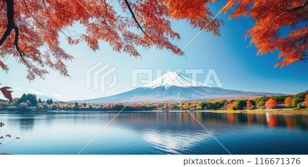 Mt. Fuji, mount Fuji-san tallest volcano mountain in Tokyo, Japan. Snow capped peak, conical sacred symbol, autumn fall, red trees, nature landscape backdrop background wallpaper, travel destination 116671376