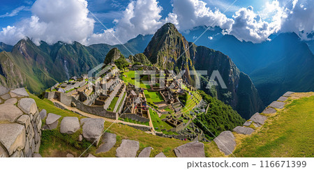 Historic Sanctuary of Machu Picchu on a mountain ridge, Eastern Cordillera of southern Peru. Incan citadel in the Andes Mountains, ancient civilization, nature panorama landscape background 116671399