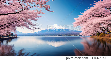 Mt. Fuji, mount Fuji-san tallest volcano mountain in Tokyo, Japan. Snow capped peak, conical sacred symbol, spring season, sakura pink trees, nature landscape backdrop background wallpaper, travel Mt. Fuji, mount Fuji-san tallest volcano mountain in Tokyo, Japan. Snow capped peak, conical sacred symbol, spring season, sakura pink trees, nature landscape backdrop background wallpaper, travel 116671415