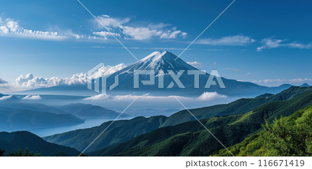 Mt. Fuji, mount Fuji-san tallest volcano mountain in Tokyo, Japan. Snow capped peak, conical sacred symbol, nature landscape backdrop background wallpaper, travel destination 116671419