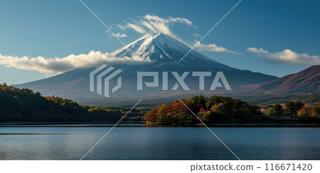 Mt. Fuji, mount Fuji-san tallest volcano mountain in Tokyo, Japan. Snow capped peak, conical sacred symbol, nature landscape backdrop background wallpaper, travel destination 116671420