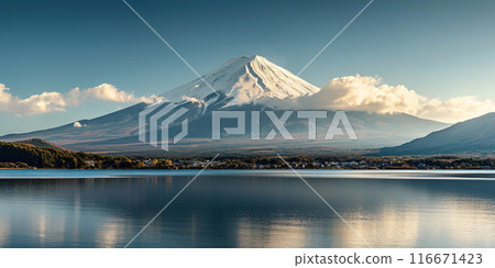 Mt. Fuji, mount Fuji-san tallest volcano mountain in Tokyo, Japan. Snow capped peak, conical sacred symbol, nature landscape backdrop background wallpaper, travel destination 116671423