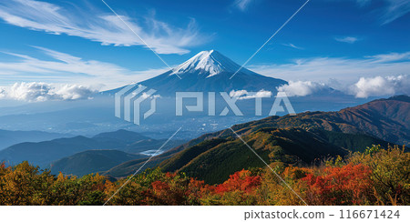 Mt. Fuji, mount Fuji-san tallest volcano mountain in Tokyo, Japan. Snow capped peak, conical sacred symbol, nature landscape backdrop background wallpaper, travel destination 116671424