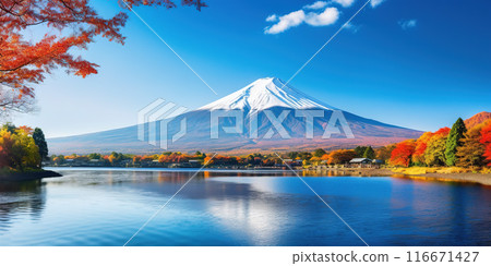 Mt. Fuji, mount Fuji-san tallest volcano mountain in Tokyo, Japan. Snow capped peak, conical sacred symbol, autumn fall, red trees, nature landscape backdrop background wallpaper, travel destination 116671427