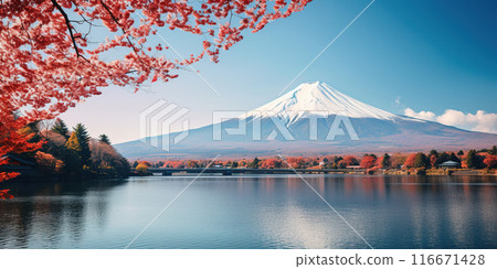 Mt. Fuji, mount Fuji-san tallest volcano mountain in Tokyo, Japan. Snow capped peak, conical sacred symbol, autumn fall, red trees, nature landscape backdrop background wallpaper, travel destination 116671428