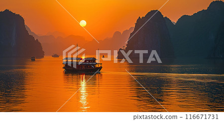 Ha Long Bay, Halong bay World Heritage Site, limestone islands, emerald waters with boats in Quang Ninh province, Vietnam. Sunset, travel destination, natural wonder landscape background wallpaper 116671731