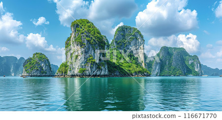 Ha Long Bay, Halong bay World Heritage Site, limestone islands, emerald waters with boats in Quang Ninh province, Vietnam. Travel destination, natural wonder landscape background wallpaper Ha Long Bay, Halong bay World Heritage Site, limestone islands, emerald waters with boats in Quang Ninh province, Vietnam. Travel destination, natural wonder landscape background wallpaper 116671770
